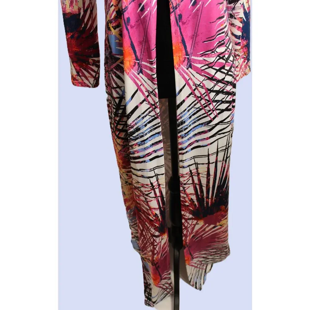 Women's Long Kimona/ Duster Size M Abstract Palm Print Pink Multicolor Unbranded